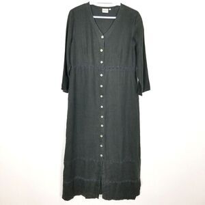 Match USA Women Linen Maxi Dress Sz 10 Gray Button Up Crochet Detail Lagenlook